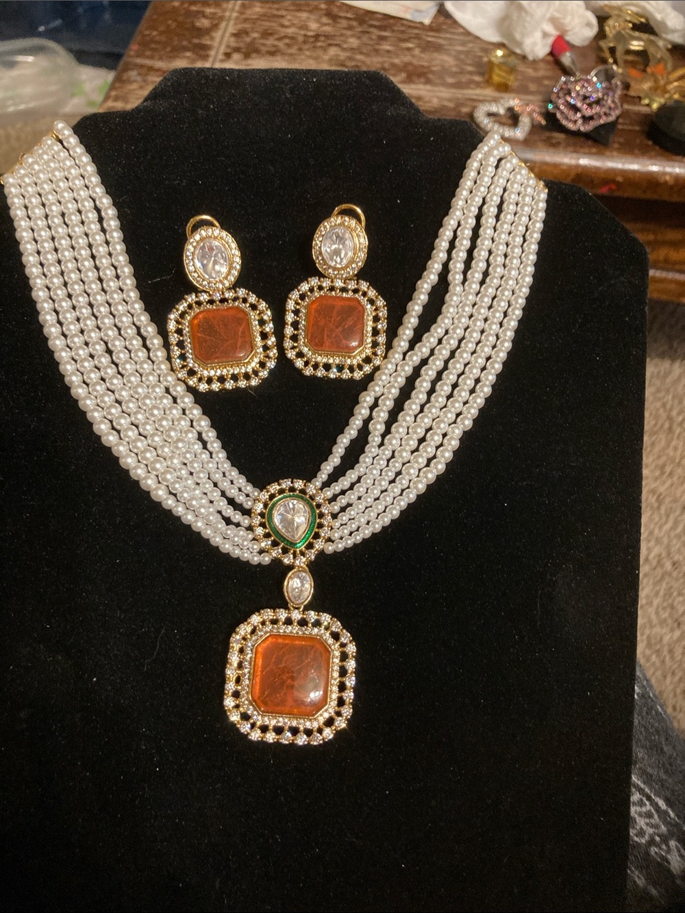 Multi-Strand faux Pearl Necklace and Earring Set with Amber Center Stones